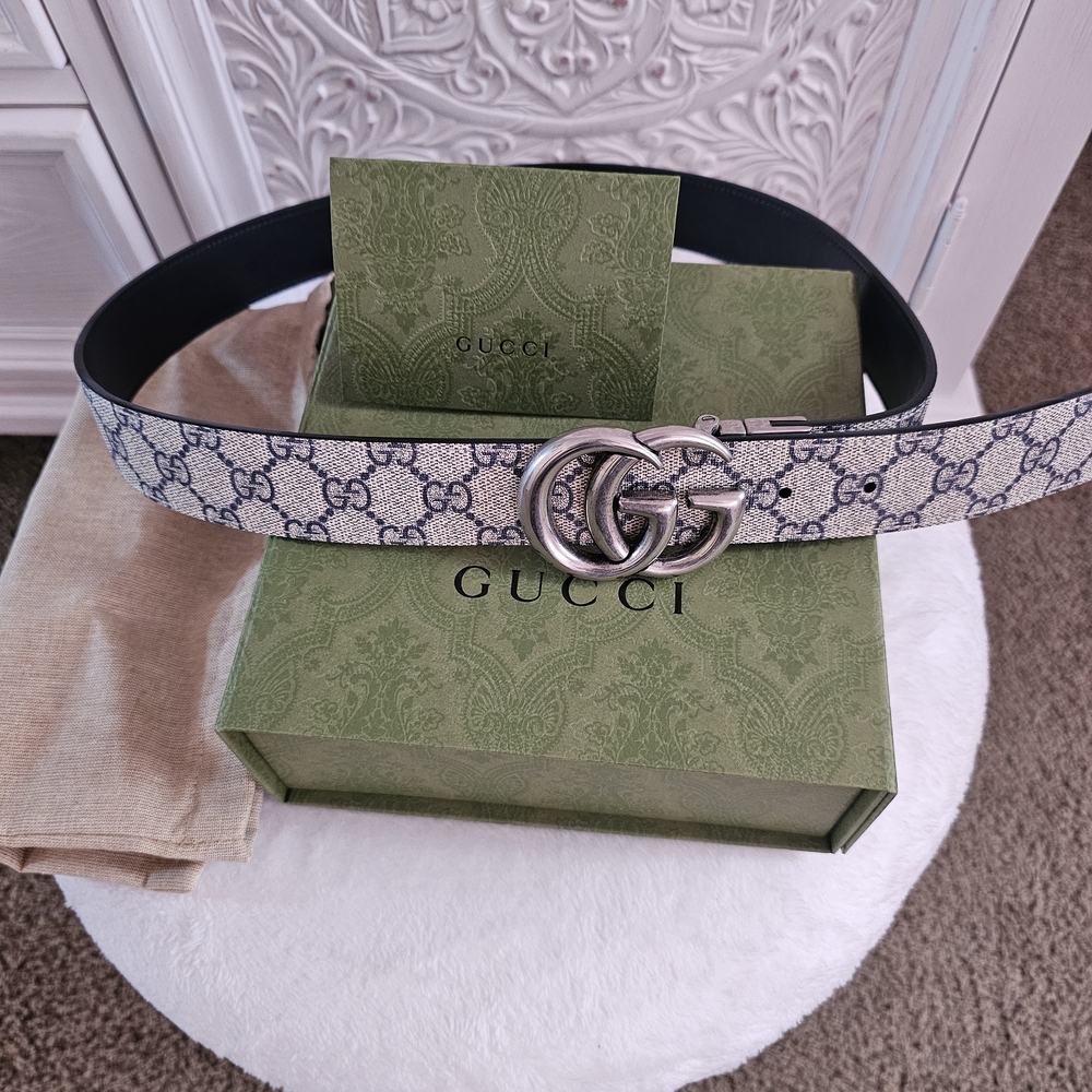Gucci GG Supreme Canvas Belt with Silver Double G - Beige/Blue